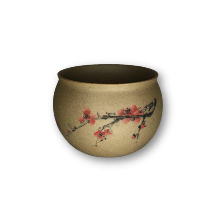 Tan Asian Style Pot with Pink Cherry Blossom-0