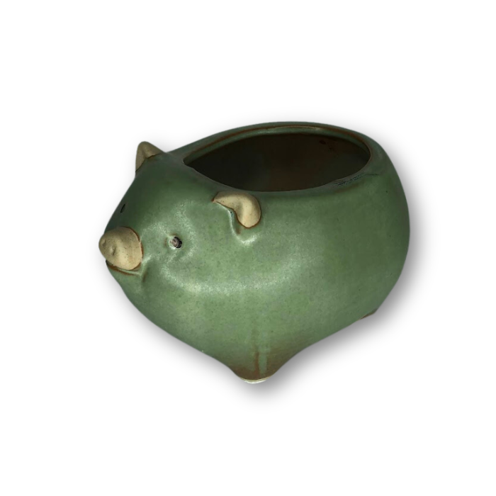 Rustic Antique Green Pig, Flower Pot-0