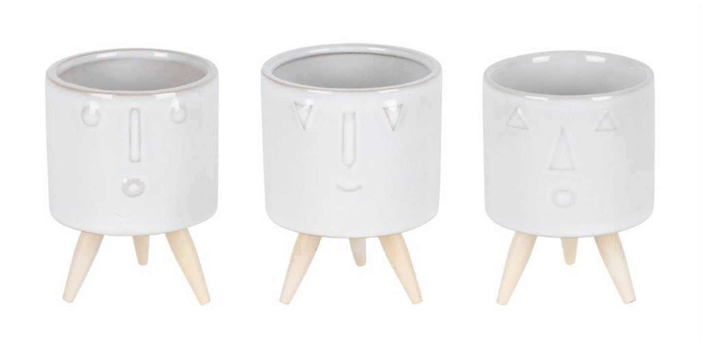 Set of Three White Porcelain 1 Ounce Round Funny Face Pot Planters With Stands-5