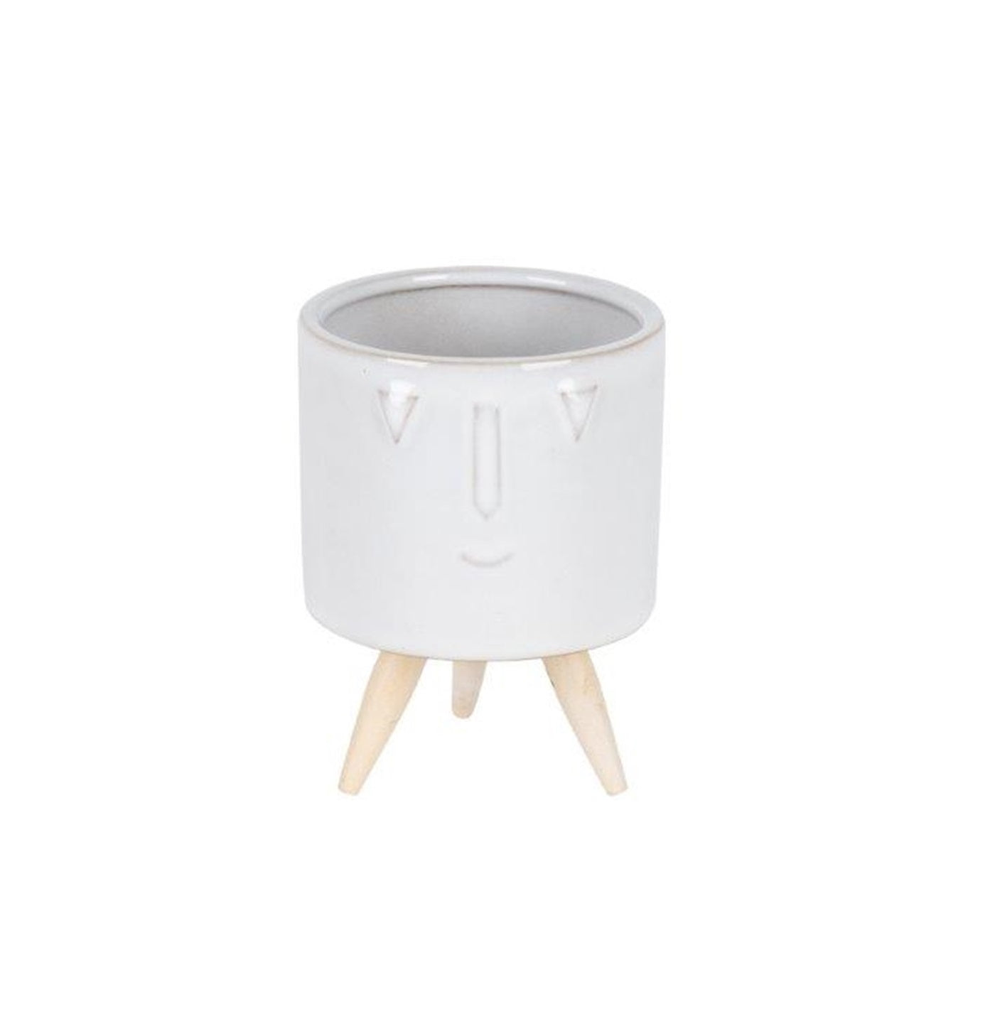Set of Three White Porcelain 1 Ounce Round Funny Face Pot Planters With Stands-2