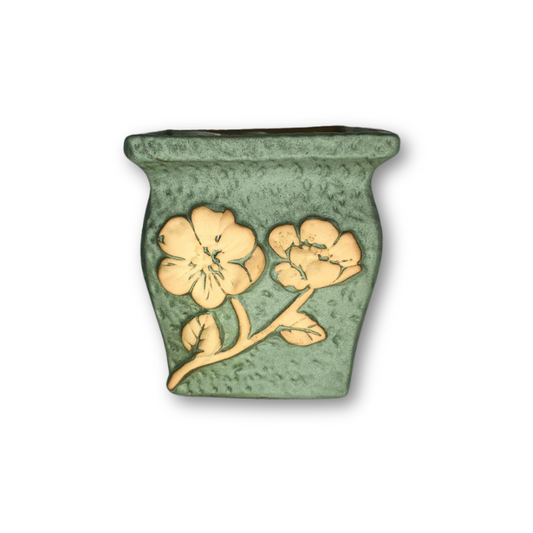 Green Antique Colored Square Pot with Brown Flower Pattern-0