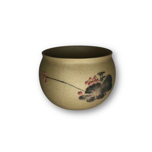 Tan Asian Style Pot with Pink Flower-0