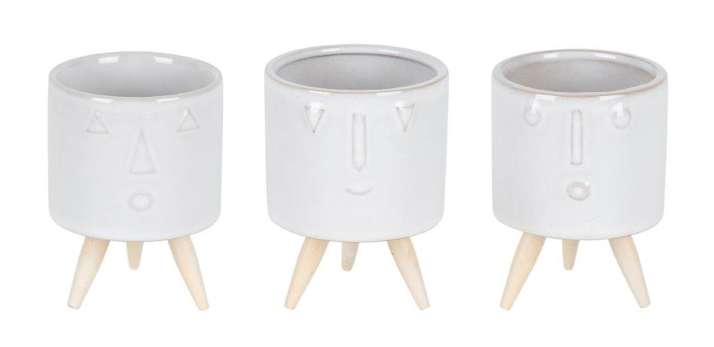 Set of Three White Porcelain 1 Ounce Round Funny Face Pot Planters With Stands-1