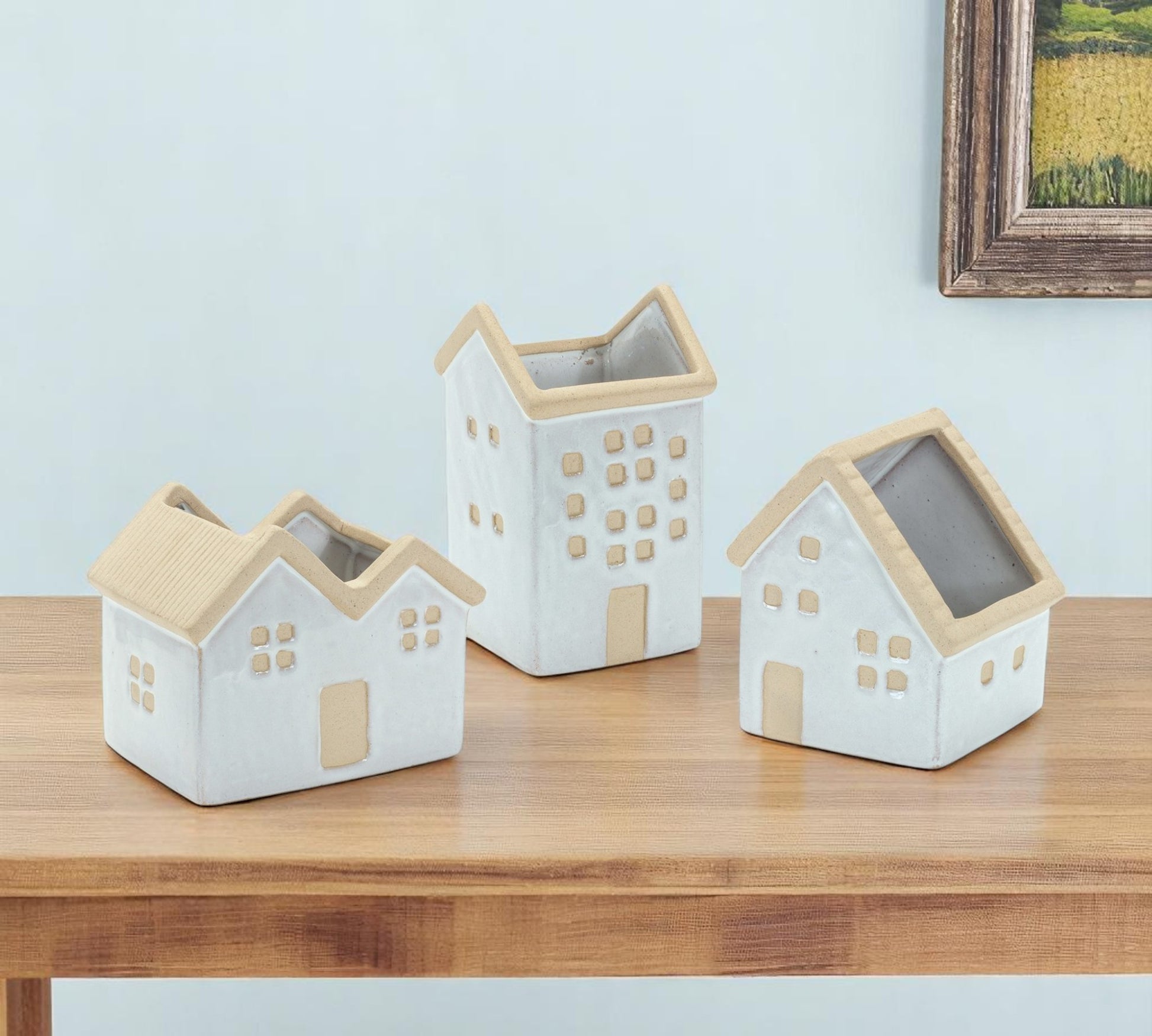 Set of Three White And Natural House Trio Pot Planters-0