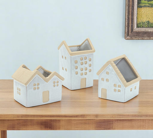 Set of Three White And Natural House Trio Pot Planters-0